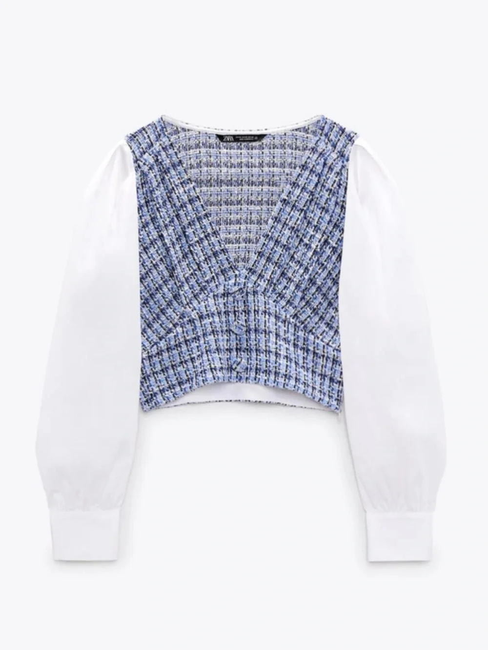 Zara Contrast Textured Tweed Cropped Blouse White Blue